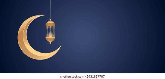 Islam theme product or cosmetic display blue background. Golden moon. big sale promotion poster banner with a podium for display product
