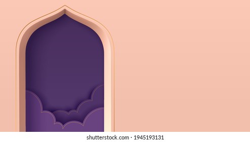Islam theme product display background in 3d minimal pink design. Mosque portal frame with night cloud silhouette inside.