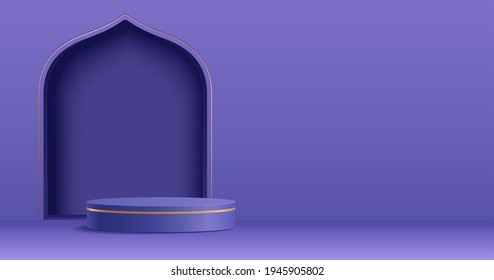 Islam Thema Produkt-Display Hintergrund in 3D minimalviolettes Design. Moschee Portalrahmen mit Podium und Leerraum.