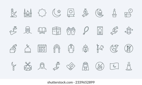 Islam thin black line icons set vector illustration. Outline Muslim religion and worship symbols, Saudi man and woman in hijab, mosque and Quran, religious calendar of holidays for prayers and charity