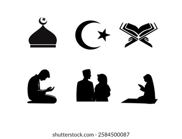 Islam thin black line icons set vector illustration. Outline Muslim religion and worship symbols, Saudi man and woman in hijab, mosque and Quran, religious calendar of holidays for prayers and charity