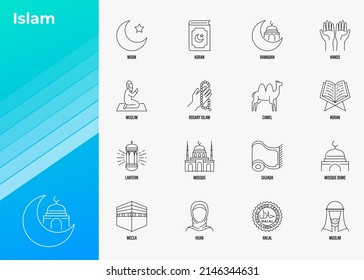 Islam thin line icons set. Koran, Ramadan, prayer´s mat, lantern, muslim, rosary, camel, mosque, Mecca, hijab, halal sign. Vector illustration.