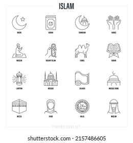 Islam Thin Line Icons Set. Koran, Ramadan, Prayer´s Mat, Lantern, Muslim, Rosary, Camel, Mosque, Mecca, Hijab, Halal Sign. Vector Illustration.