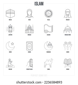 Islam thin line icons set. Koran, Ramadan, prayer´s mat, lantern, muslim, rosary, camel, mosque, Mecca, hijab, halal sign. Vector illustration.