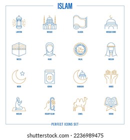 Islam thin line icons set. Koran, Ramadan, prayer´s mat, lantern, muslim, rosary, camel, mosque, Mecca, hijab, halal sign. Vector illustration.