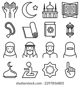 Islam thin line icons set: mosque, prayer mat, rosary beads, prayer, koran, muslim. Modern vector illustration.