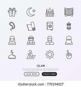 Islam thin line icons set: mosque, carpet, rosary, prayer, koran, moslem. Modern vector illustration.