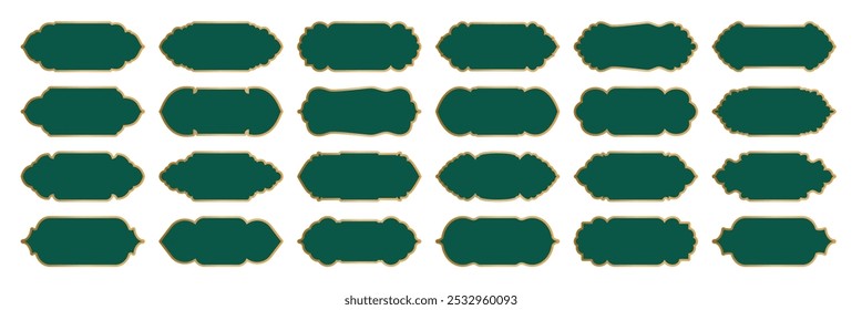 Islamismo janelas tradicionais ou portas forma horizontal coleção para bordas, banner ou design separador. Conjunto de esboços da moldura muçulmana da mesquita. Elemento de promoção de etiqueta de selo de venda com borda de gradiente dourado