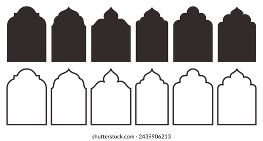 Islam traditional windows or doors shape collection. Set of silhouette and outline Mosque muslim frame