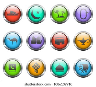 islam vector icons on color glass buttons