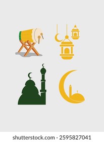 islam vector pack, traditional drum, lantern, mosque, crewcent flat design. ramadan kareen, eid fitri, arabian