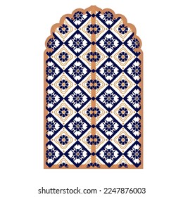 Islam window or gate. Decorative frame. Mosque dome and lanterns. Vector set of oriental geometric ornaments with grid, mesh, circles, flower silhouettes.