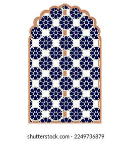 Islam window or gate. Decorative frame. Mosque dome and lanterns. Vector set of oriental geometric ornaments with grid, mesh, circles, flower silhouettes.