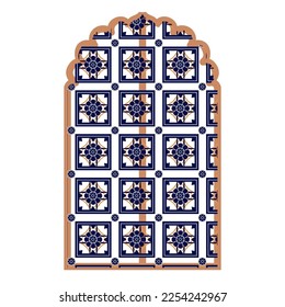 Ventana o puerta del Islam. Marco decorativo. Domo de mezquita y linternas. Conjunto vectorial de ornamentos geométricos orientales con rejilla, malla, círculos, siluetas de flores.