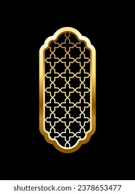 Islam window with pattern vector illustration isolated on black background. Oriental ornament, traditional Arabian design elements of decor, muslim gold frame.