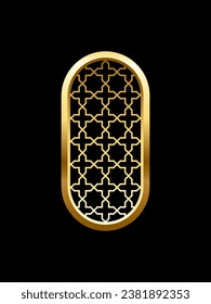 Islam window with pattern vector illustration isolated on black background. Oriental ornament, traditional Arabian design elements of decor, muslim gold frame.