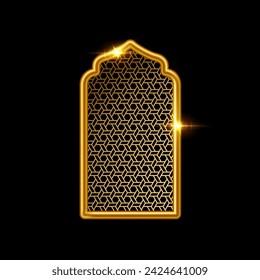 Islam window with pattern vector illustration isolated on black background. Oriental ornament, traditional Arabian design elements of decor, muslim gold frame.