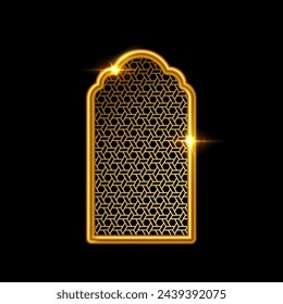 Ventana del Islam con ilustración vectorial de patrón aislado en fondo negro. Adorno oriental, elementos de decoración de diseño árabe tradicional, marco de oro musulmán.