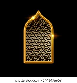 Islam window with pattern vector illustration isolated on black background. Oriental ornament, traditional Arabian design elements of decor, muslim gold frame.