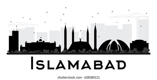 Islamabad City skyline black and white silhouette. Vector illustration. Simple flat concept for tourism presentation, banner, placard or web site. Cityscape with landmarks.