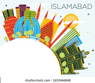 Islamabad Pakistan City Skyline with Color Buildings, Blue Sky and Copy Space. Vector Illustration. Business Travel and Tourism Concept with Historic Architecture. Islamabad Cityscape with Landmarks.