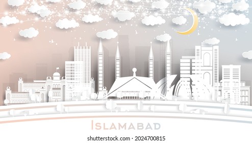 Islamabad Pakistan City Skyline in Paper Cut Style with White Buildings, Moon and Neon Garland. Vector Illustration. Travel and Tourism Concept. Islamabad Cityscape with Landmarks.