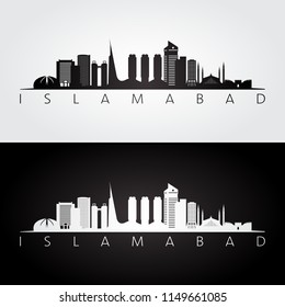 Islamabad skyline and landmarks silhouette, black and white design, vector illustration.