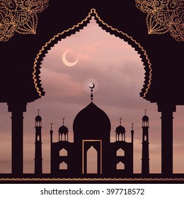 Islam,arabic,muslim background in arch.Vector sky,clouds. Celebration card for Eid Ul Adha festival,Ramadan Kareem,holiday template.Mosque,minaret,Arabesque decor.Vintage Illustration.Dusty rose