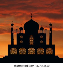 Islam,arabic,muslim background.Vector Sunset sky,clouds,pattern .Celebration card. Eid Ul Adha festival,Ramadan Kareem,holiday template. Mosque,minaret.Vintage Illustration.Orange