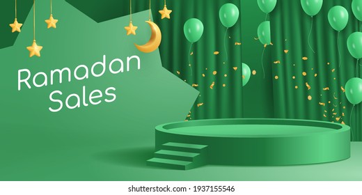 Pódio verde islâmico para vendas no Ramadã. Pódio, lua crescente, balão, eid fitr adha, mawlid, isra miraj, muharram