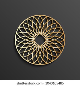 Islamic 3d circle mandala. Gold round pattern, moroccan ornament, arabic decor design, ramadan kareem, vector illustration