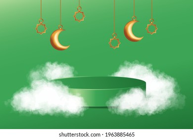 Islamic 3d display podium decoration in green background with realistic clouds and golden crescent moon. Product presentation suitable for Ramadan, Eid al Adha, Eid al Fitr.