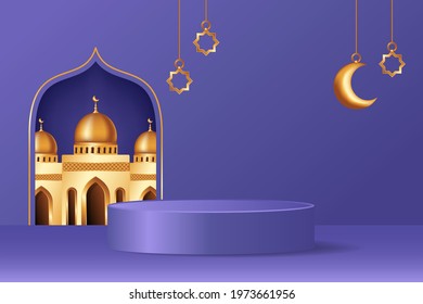 Islamic 3d display podium decoration in purple background with realistic mosque and golden crescent moon. Product presentation suitable for Ramadan, Eid al Adha, Eid al Fitr.