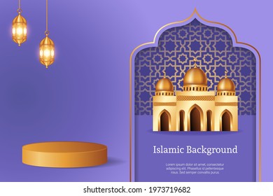 Islamic 3d display podium decoration in purple background with realistic mosque and golden crescent moon. Product presentation suitable for Ramadan, Eid al Adha, Eid al Fitr.