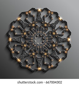 Islamic 3D glowing ornament, arabic style mandala. Vector illustration