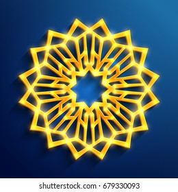 Islamic 3D glowing ornament, arabic style mandala. Vector illustration