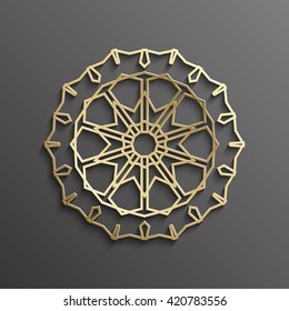 Islamic 3d gold on dark mandala round ornament background architectural muslim texture design . Can be used for brochures invitations,persian motif