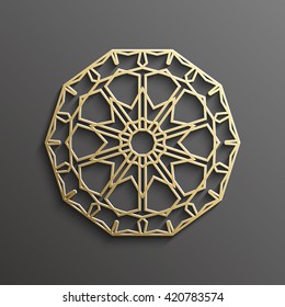 Islamic 3d gold on dark mandala round ornament background architectural muslim texture design . Can be used for brochures invitations,persian motif