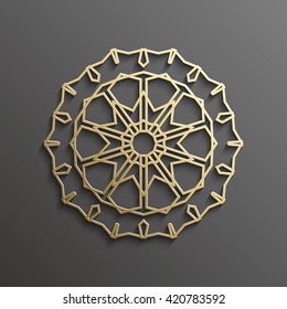 Islamic 3d gold on dark mandala round ornament background architectural muslim texture design . Can be used for brochures invitations,persian motif