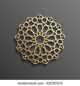 Islamic 3d gold on dark mandala round ornament background architectural muslim texture design . Can be used for brochures invitations,persian motif