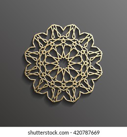 Islamic 3d gold on dark mandala round ornament background architectural muslim texture design . Can be used for brochures invitations,persian motif