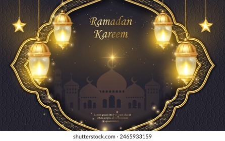 Islamische 3D goldene Laterne und Sterndekoration mit traditionellem islamischen Architekturhintergrund. geeignet für Ramadan, Raya Hari, Eid al Adha Islamischer Urlaub