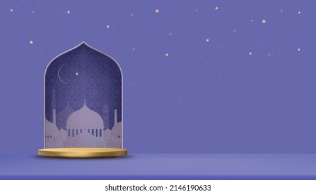 Islamic 3d Golden Podium with Mosque window,Crescent moon and Star on Purple background, Vector Backdrop banner of Religion of Muslim Symbolic,Eid ul fitr, Ramadan Kareem,Eid al Adha,Eid Mubarak