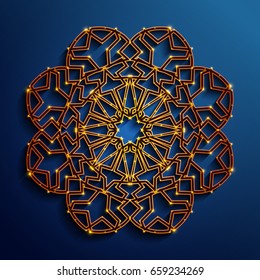 Islamic 3D ornament. Vector neon glowing, mandala background. Arabic style Ramadan Kareem.