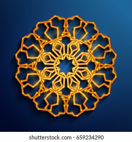 Islamic 3D ornament. Vector neon glowing, mandala background. Arabic style Ramadan Kareem.