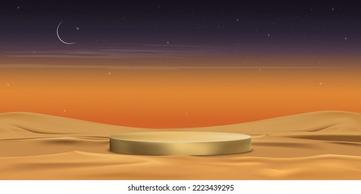 Podio 3D islámico con paisaje del desierto con dunas de arena, luna creciente, fondo del cielo de la puesta de sol naranja, bandera islámica para la presentación del producto, Ramadán, Eid al Adha, Eid Mubarak, Eid el kabir