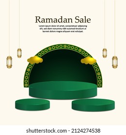 Islamic 3d podium display ramadan sale. Eid al fitr sale banner. Vector illustration