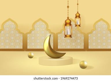 Islamic 3D Podium with fluffy clouds, crescent moon, gold lantern and Star hanging on brown background, Horizontal Islamic Banners for Product Showcase, Product presentation, Base, Ramadan Sales