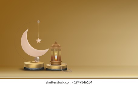 Islamic 3D Podium with pink gold Crescent moon, traditional islamic lantern, rosary beads, candle. Vector Horizontal Islamic Banner for Product Showcase, presentation, Base,Ramadan or Eid Mubarak Sale