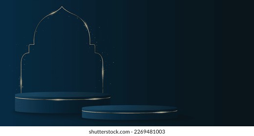 Islamic 3d podium for Ramadan Kareem  Pedestal and golden arabic arc  Vector illustration  EPS 10